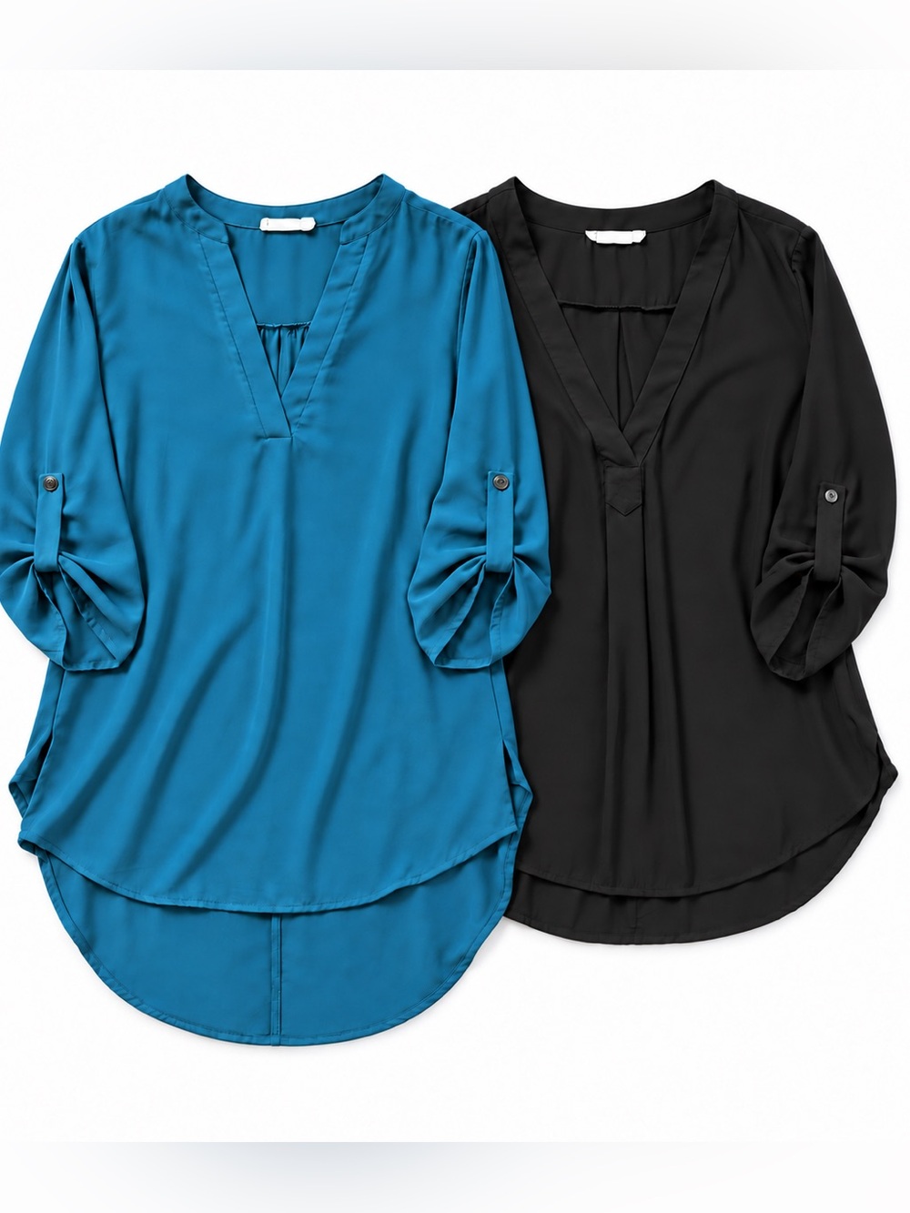 Lush Blouse Lot Size Medium Blue Black Roll Tab Sleeve High Low Tunic Tops Vneck